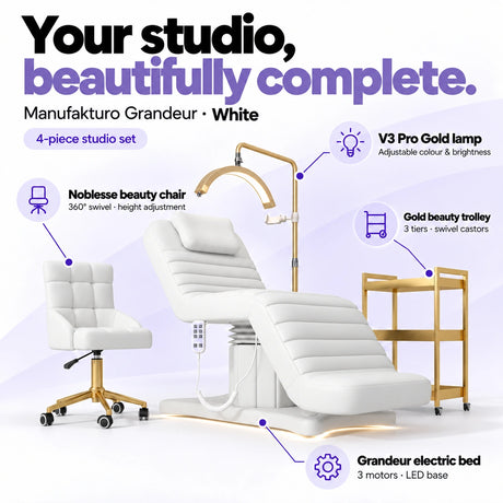 Manufakturo Grandeur White four-piece complete studio set: electric beauty bed with three motors and LED base, Noblesse swivel beauty chair, V3 Pro Gold adjustable treatment lamp and three-tier gold beauty trolley.