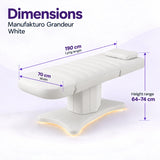 Manufakturo Grandeur White electric beauty bed dimensions: 190 cm lying length, 70 cm width and adjustable height from 64 to 74 cm.