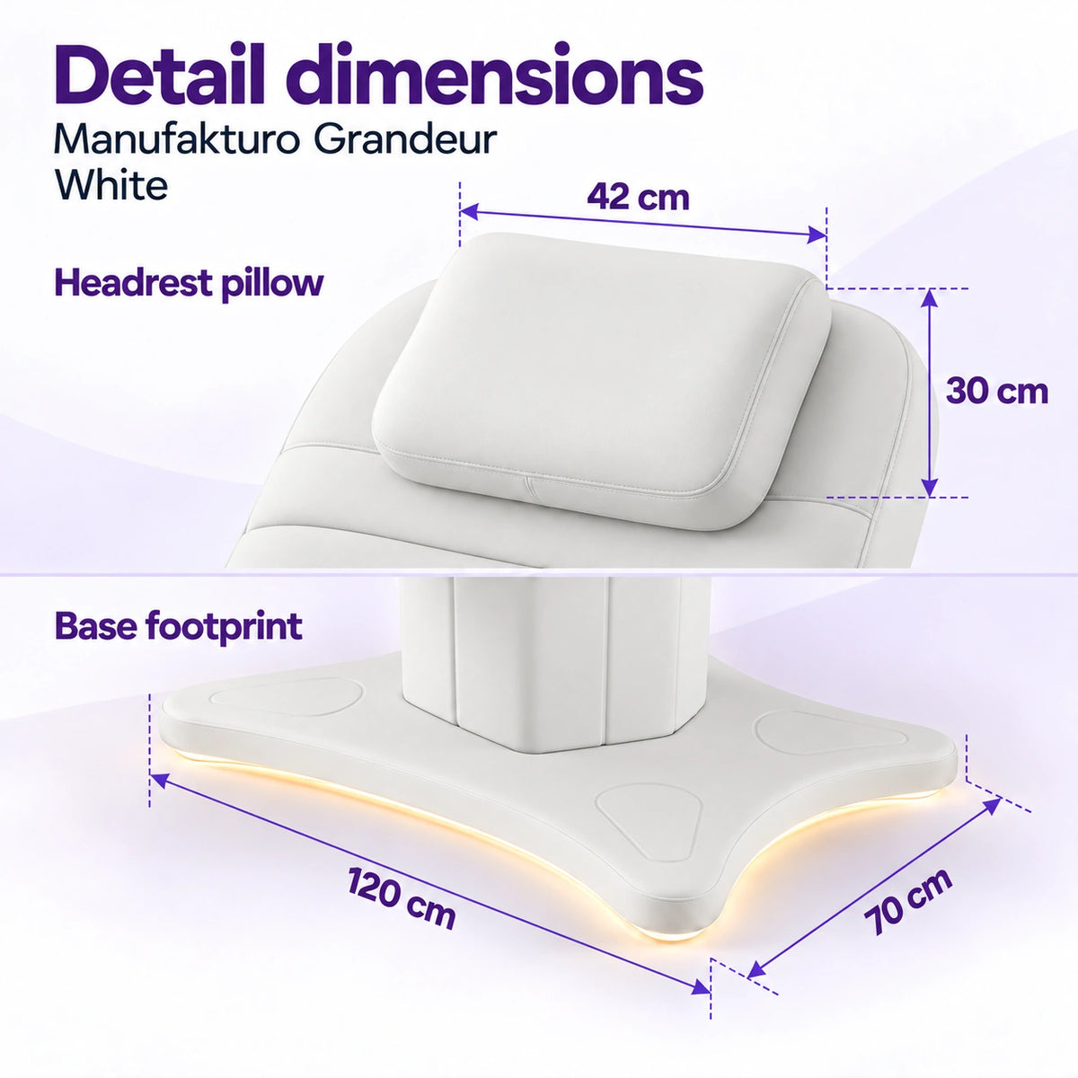 Manufakturo Grandeur White beauty bed detail dimensions: headrest pillow 42 x 30 cm and base footprint 120 x 70 cm.