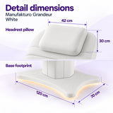 Manufakturo Grandeur White beauty bed detail dimensions: headrest pillow 42 x 30 cm and base footprint 120 x 70 cm.
