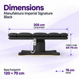 Manufakturo Imperial Signature Black beauty bed in its true flat side view, with 205 cm length, 76 cm width, 64 to 79 cm height range and 120 x 70 cm base footprint.