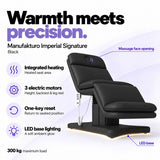 Manufakturo Imperial Signature heated electric beauty bed in Black, showing seat heating, three motors, one-key reset and LED base lighting.