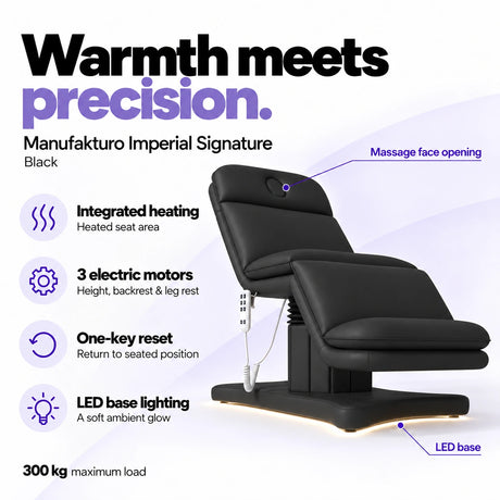 Manufakturo Imperial Signature heated electric beauty bed in Black, showing seat heating, three motors, one-key reset and LED base lighting.