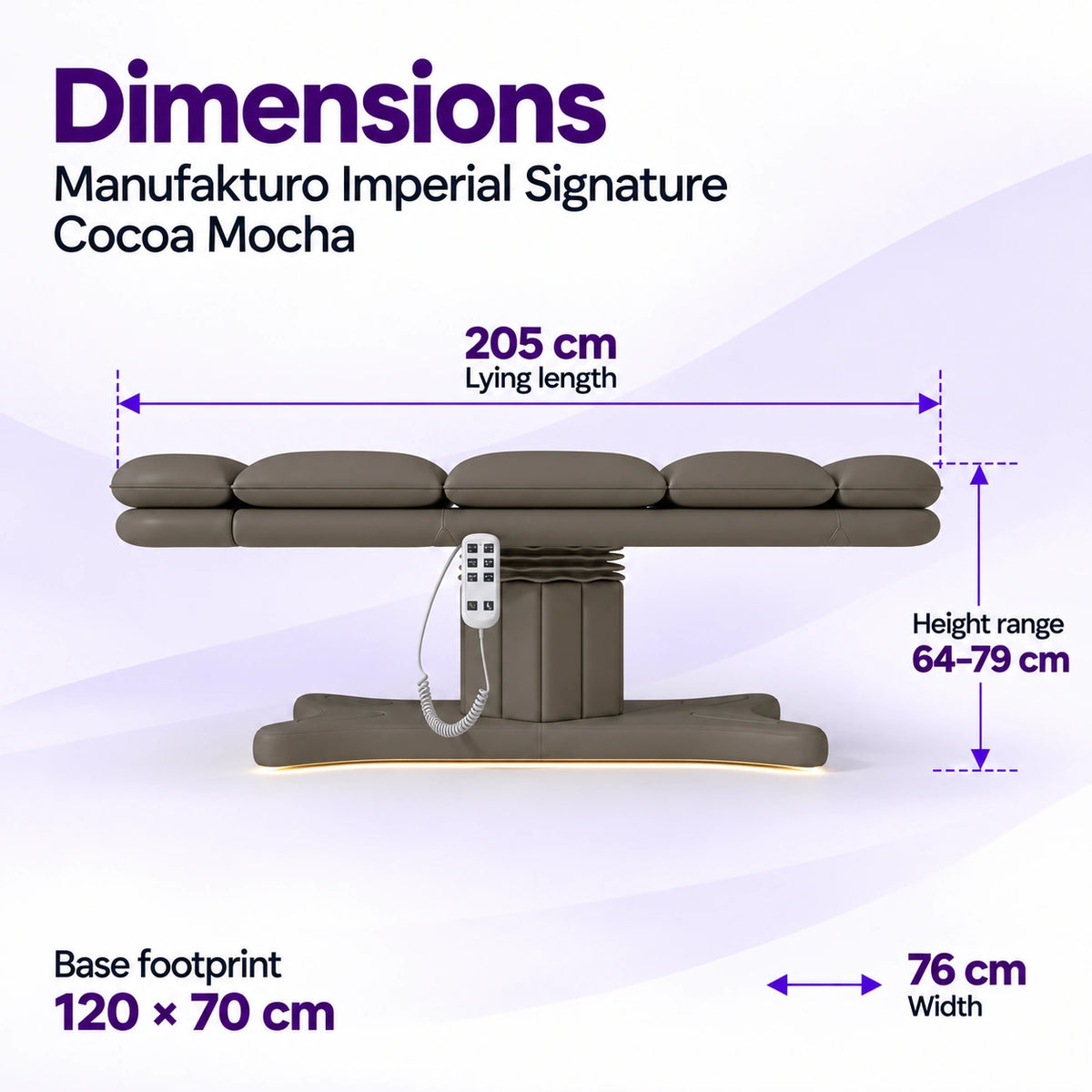 Manufakturo Imperial Signature Cocoa Mocha beauty bed in its true flat side view, with 205 cm length, 76 cm width, 64 to 79 cm height range and 120 x 70 cm base footprint.