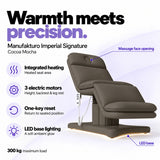 Manufakturo Imperial Signature heated electric beauty bed in Cocoa Mocha, showing seat heating, three motors, one-key reset and LED base lighting.