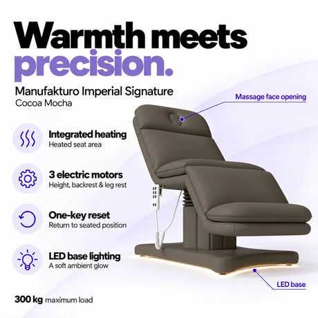 Manufakturo Imperial Signature heated electric beauty bed in Cocoa Mocha, showing seat heating, three motors, one-key reset and LED base lighting.