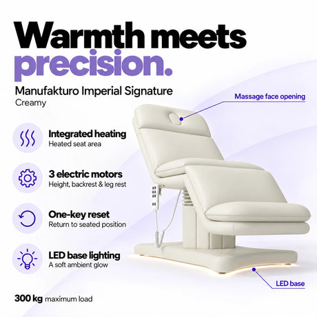 Manufakturo Imperial Signature Creamy heated electric beauty bed with seat-area heating, 3 motors, one-key reset, LED base lighting, massage face opening and 300 kg maximum load.