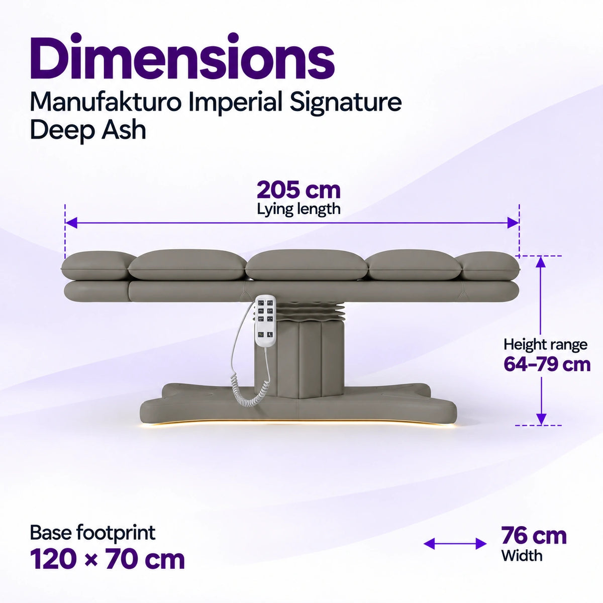 Manufakturo Imperial Signature Deep Ash beauty bed in its true flat side view, with 205 cm length, 76 cm width, 64 to 79 cm height range and 120 x 70 cm base footprint.
