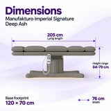 Manufakturo Imperial Signature Deep Ash beauty bed in its true flat side view, with 205 cm length, 76 cm width, 64 to 79 cm height range and 120 x 70 cm base footprint.