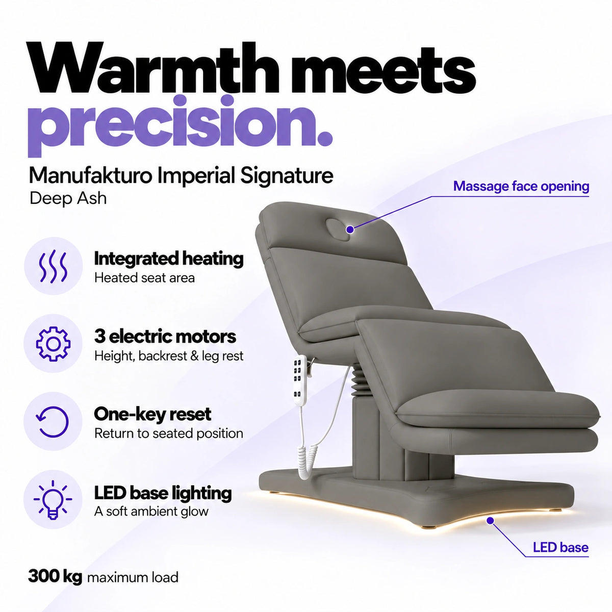 Manufakturo Imperial Signature Deep Ash heated electric beauty bed with seat-area heating, 3 motors, one-key reset, LED base lighting, massage face opening and 300 kg maximum load.