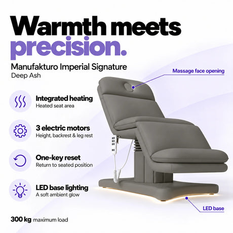 Manufakturo Imperial Signature Deep Ash heated electric beauty bed with seat-area heating, 3 motors, one-key reset, LED base lighting, massage face opening and 300 kg maximum load.