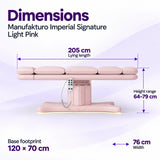 Manufakturo Imperial Signature Light Pink beauty bed in its true flat side view, with 205 cm length, 76 cm width, 64 to 79 cm height range and 120 x 70 cm base footprint.