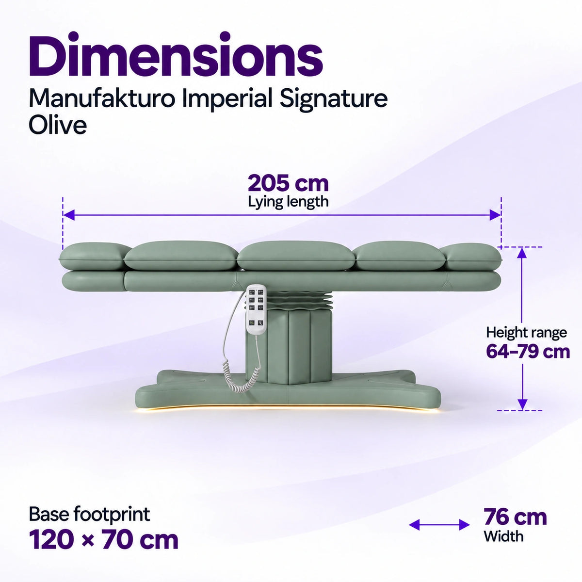 Manufakturo Imperial Signature Olive beauty bed in its true flat side view, with 205 cm length, 76 cm width, 64 to 79 cm height range and 120 x 70 cm base footprint.