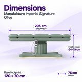 Manufakturo Imperial Signature Olive beauty bed in its true flat side view, with 205 cm length, 76 cm width, 64 to 79 cm height range and 120 x 70 cm base footprint.