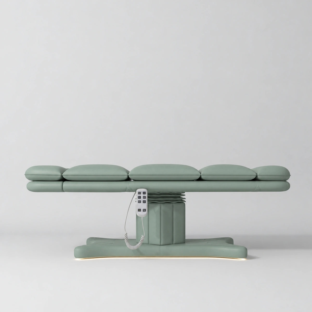 Manufakturo Imperial Signature heated electric beauty bed in Olive, shown fully flat from the side with matching base and white remote control.