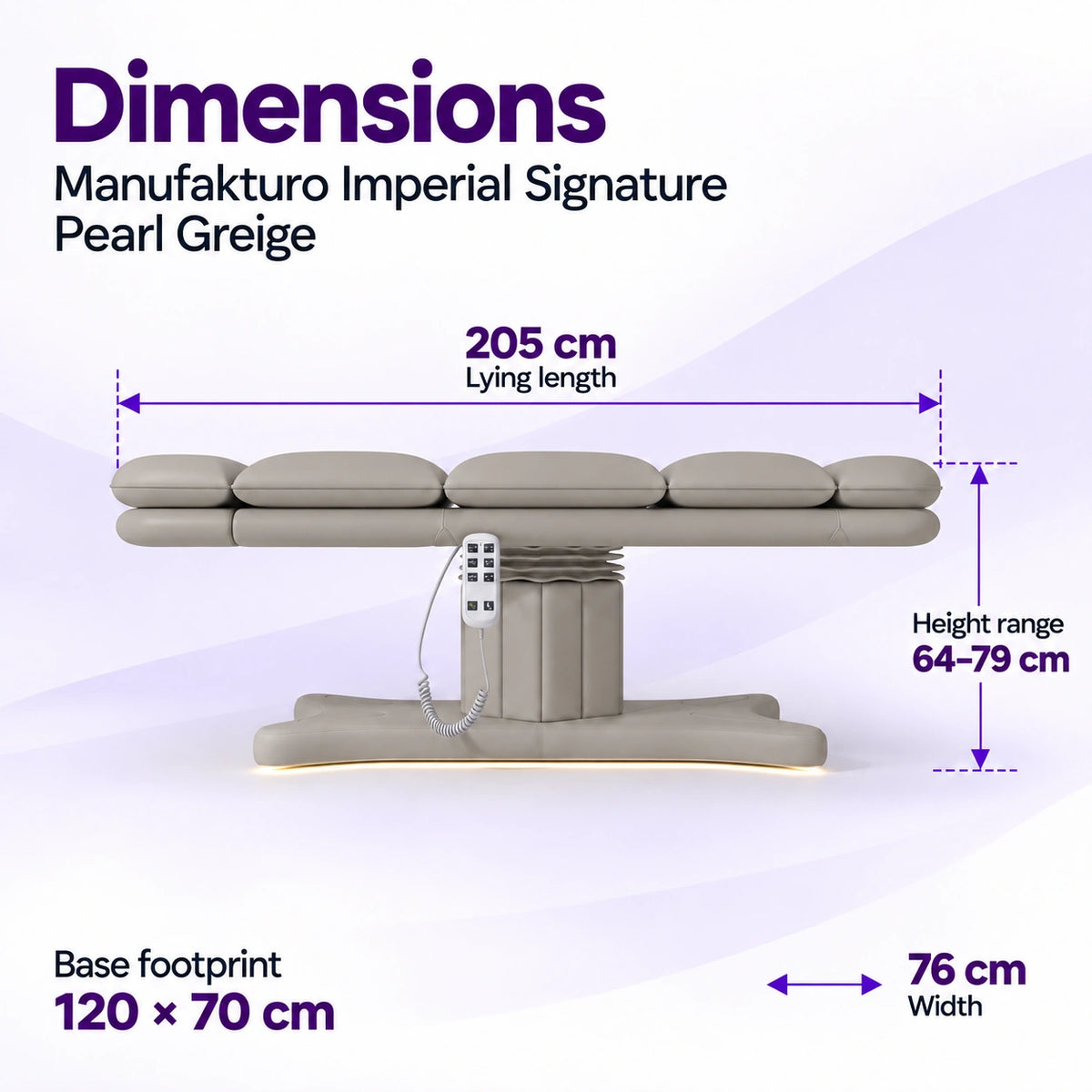 Manufakturo Imperial Signature Pearl Greige beauty bed in its true flat side view, with 205 cm length, 76 cm width, 64 to 79 cm height range and 120 x 70 cm base footprint.