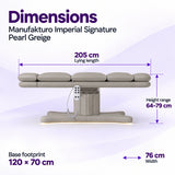 Manufakturo Imperial Signature Pearl Greige beauty bed in its true flat side view, with 205 cm length, 76 cm width, 64 to 79 cm height range and 120 x 70 cm base footprint.