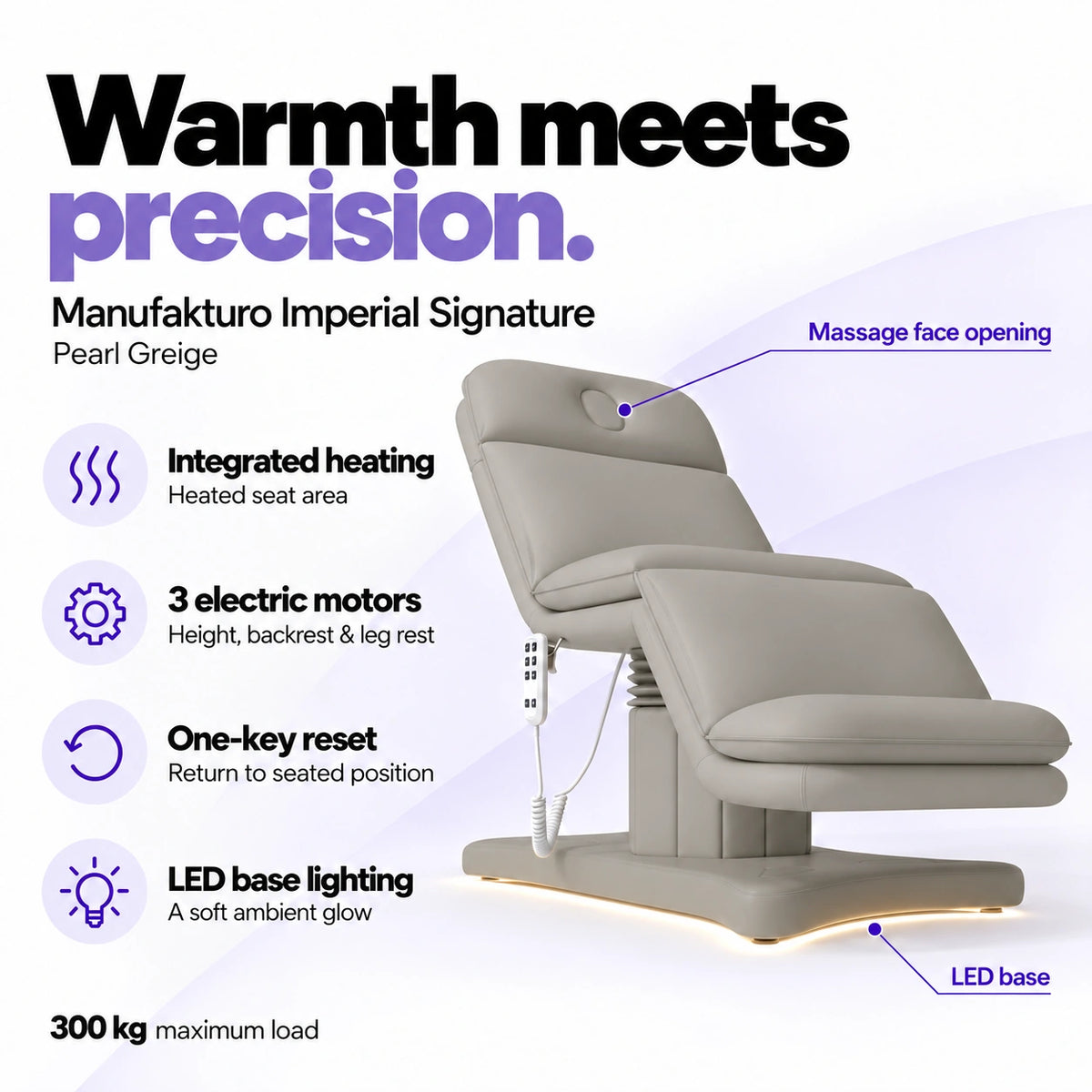 Manufakturo Imperial Signature heated electric beauty bed in Pearl Greige, showing seat heating, three motors, one-key reset and LED base lighting.