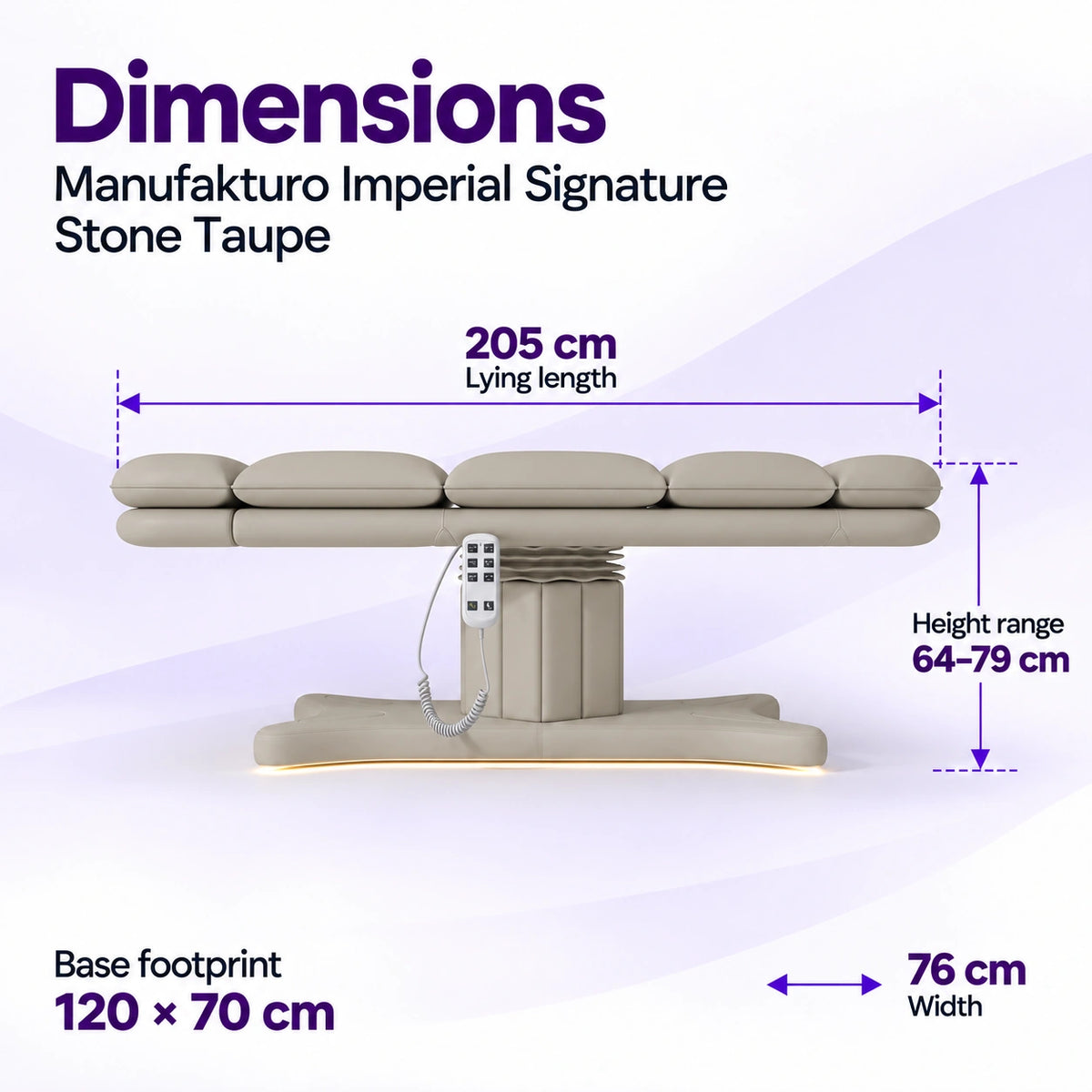 Manufakturo Imperial Signature Stone Taupe beauty bed in its true flat side view, with 205 cm length, 76 cm width, 64 to 79 cm height range and 120 x 70 cm base footprint.