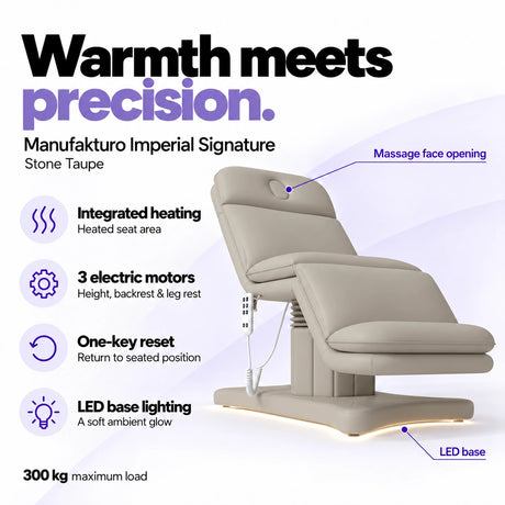 Manufakturo Imperial Signature Stone Taupe heated electric beauty bed with seat-area heating, 3 motors, one-key reset, LED base lighting, massage face opening and 300 kg maximum load.