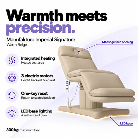 Manufakturo Imperial Signature Warm Beige heated electric beauty bed with seat-area heating, 3 motors, one-key reset, LED base lighting, massage face opening and 300 kg maximum load.