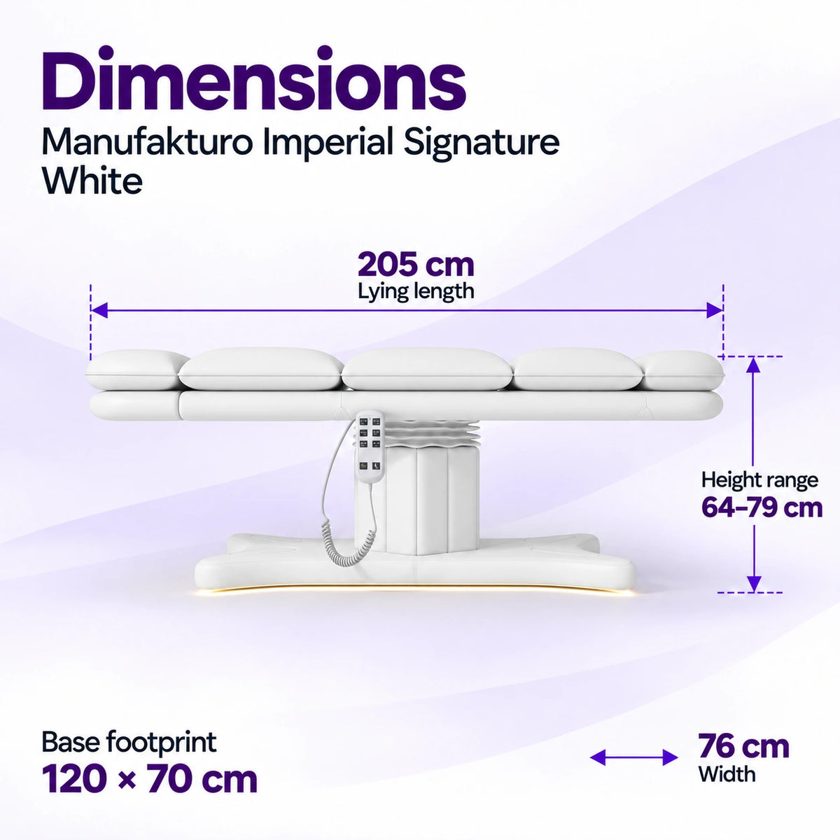 Manufakturo Imperial Signature White beauty bed in its true flat side view, with 205 cm length, 76 cm width, 64 to 79 cm height range and 120 x 70 cm base footprint.