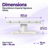 Manufakturo Imperial Signature White beauty bed in its true flat side view, with 205 cm length, 76 cm width, 64 to 79 cm height range and 120 x 70 cm base footprint.