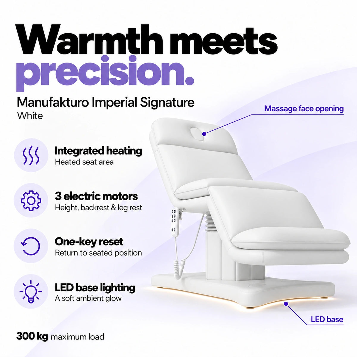 Manufakturo Imperial Signature White heated electric beauty bed with seat-area heating, 3 motors, one-key reset, LED base lighting, massage face opening and 300 kg maximum load.