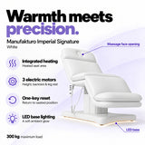 Manufakturo Imperial Signature White heated electric beauty bed with seat-area heating, 3 motors, one-key reset, LED base lighting, massage face opening and 300 kg maximum load.