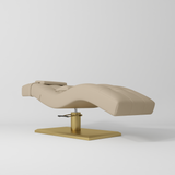 Manufakturo Prestige Hydraulic Eyelash Bed - Adjustable Headrest & High-Density Sponge Warm Beige - close-up of the upholstery and construction details