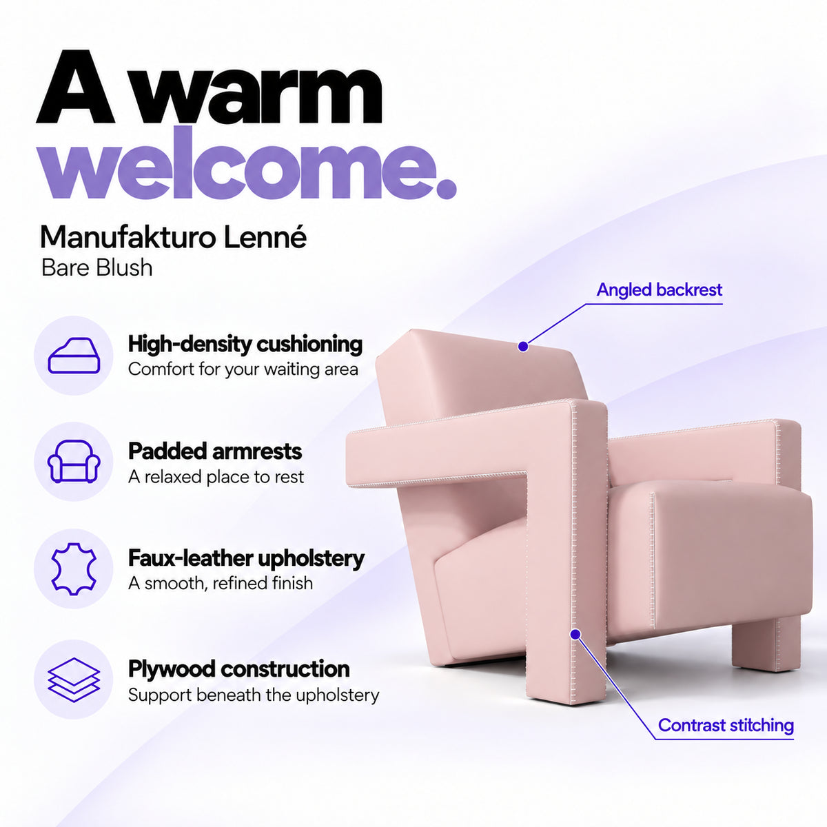 Manufakturo Lenné Bare Blush reception chair features: high-density cushioning, padded armrests, faux-leather upholstery, plywood construction and contrast stitching.