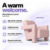Manufakturo Lenné Bare Blush reception chair features: high-density cushioning, padded armrests, faux-leather upholstery, plywood construction and contrast stitching.