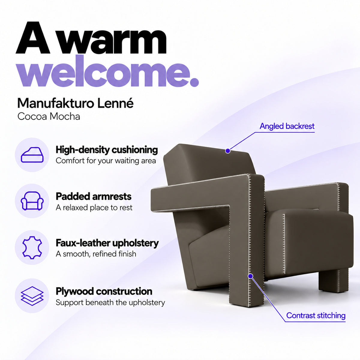 Manufakturo Lenné Cocoa Mocha reception chair features: high-density cushioning, padded armrests, faux-leather upholstery, plywood construction and contrast stitching.