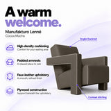 Manufakturo Lenné Cocoa Mocha reception chair features: high-density cushioning, padded armrests, faux-leather upholstery, plywood construction and contrast stitching.