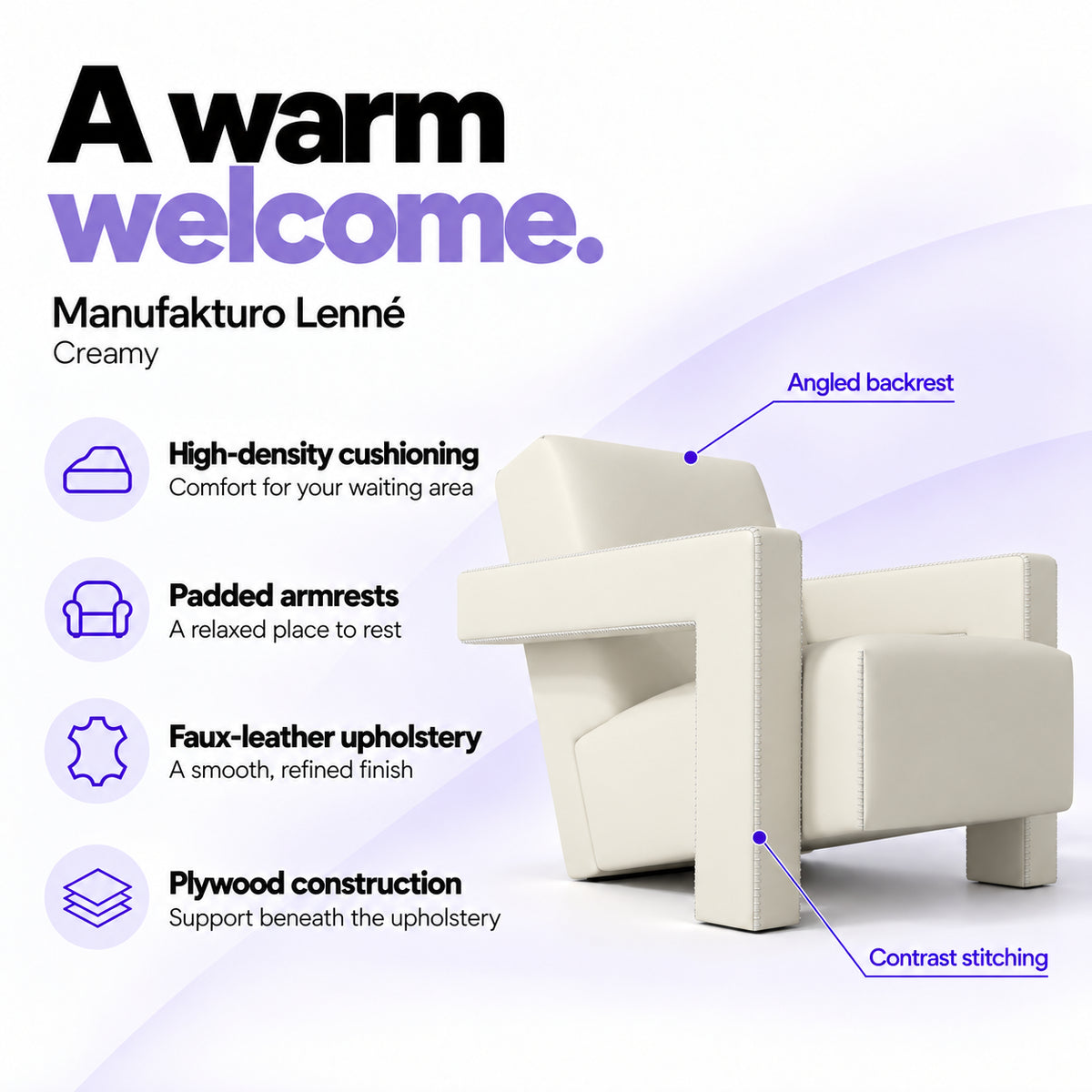 Manufakturo Lenné Creamy reception chair features: high-density cushioning, padded armrests, faux-leather upholstery, plywood construction and contrast stitching.