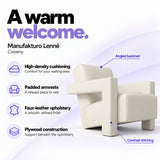 Manufakturo Lenné Creamy reception chair features: high-density cushioning, padded armrests, faux-leather upholstery, plywood construction and contrast stitching.