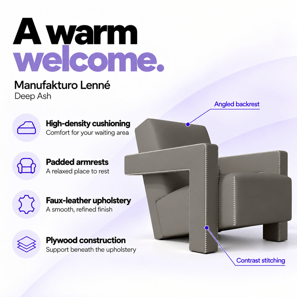 Manufakturo Lenné Deep Ash reception chair features: high-density cushioning, padded armrests, faux-leather upholstery, plywood construction and contrast stitching.
