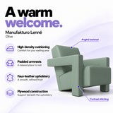 Manufakturo Lenné Olive reception chair features: high-density cushioning, padded armrests, faux-leather upholstery, plywood construction and contrast stitching.