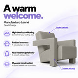 Manufakturo Lenné Pearl Greige reception chair features: high-density cushioning, padded armrests, faux-leather upholstery, plywood construction and contrast stitching.
