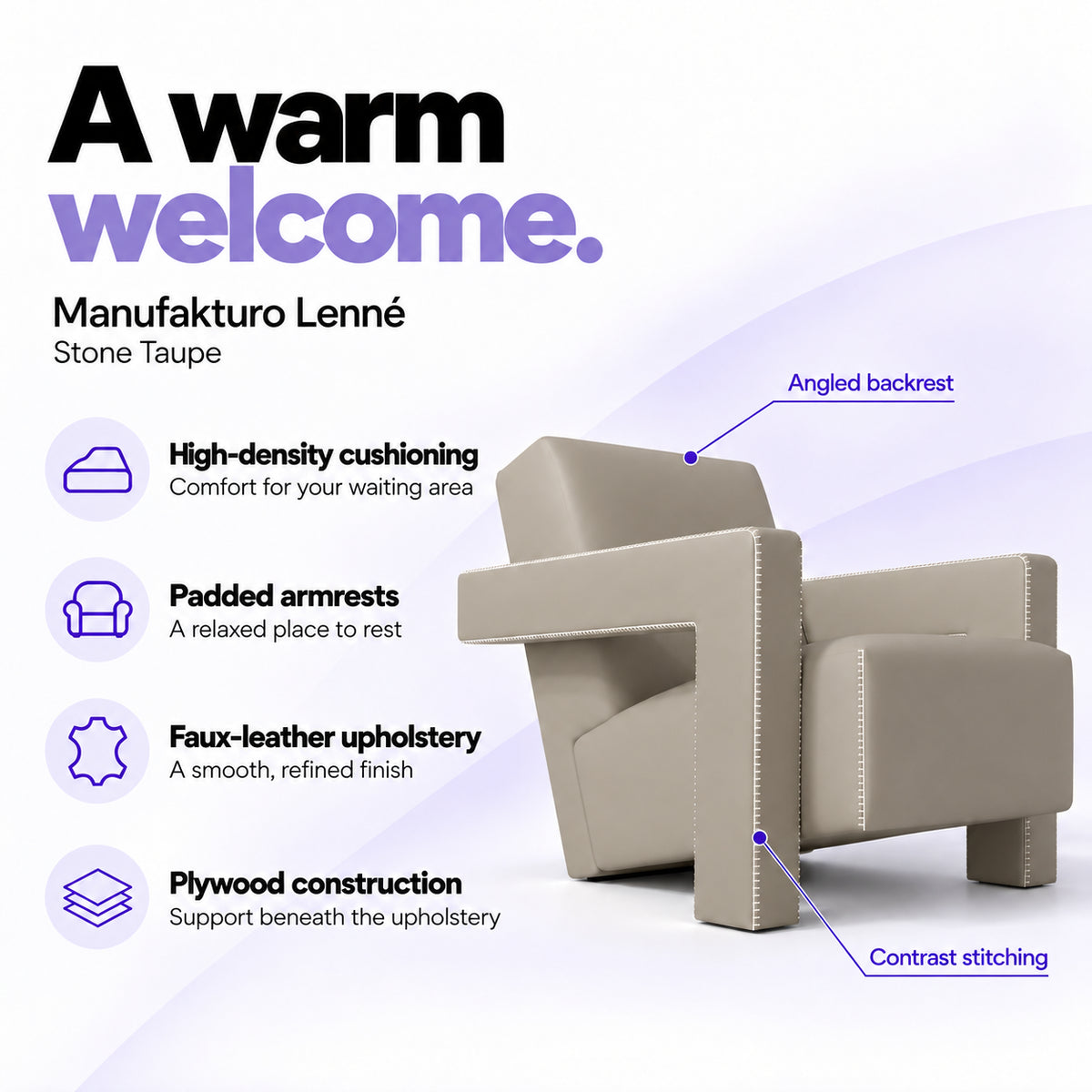 Manufakturo Lenné Stone Taupe reception chair features: high-density cushioning, padded armrests, faux-leather upholstery, plywood construction and contrast stitching.