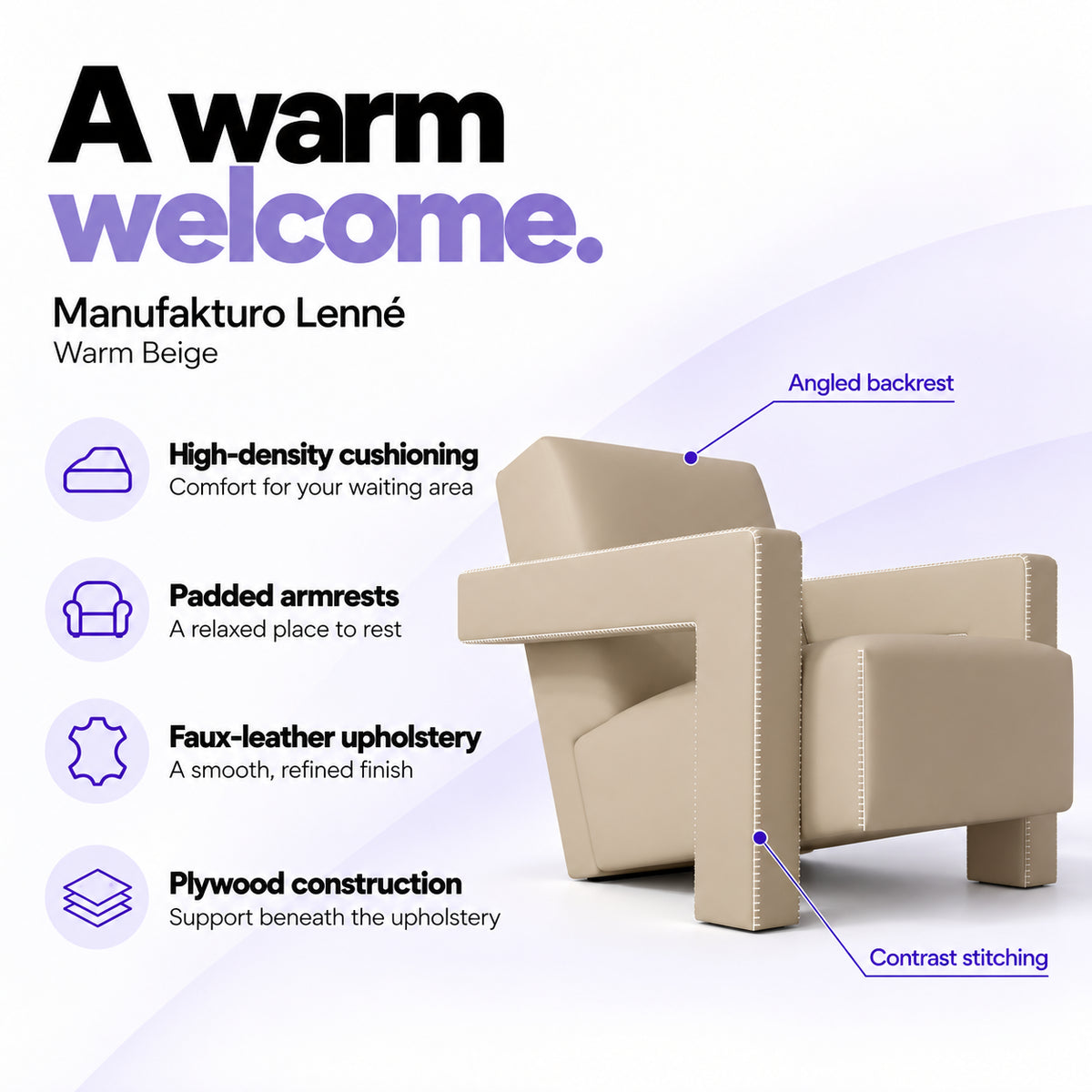 Manufakturo Lenné Warm Beige reception chair features: high-density cushioning, padded armrests, faux-leather upholstery, plywood construction and contrast stitching.