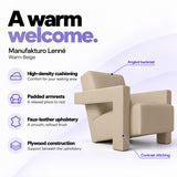 Manufakturo Lenné Warm Beige reception chair features: high-density cushioning, padded armrests, faux-leather upholstery, plywood construction and contrast stitching.