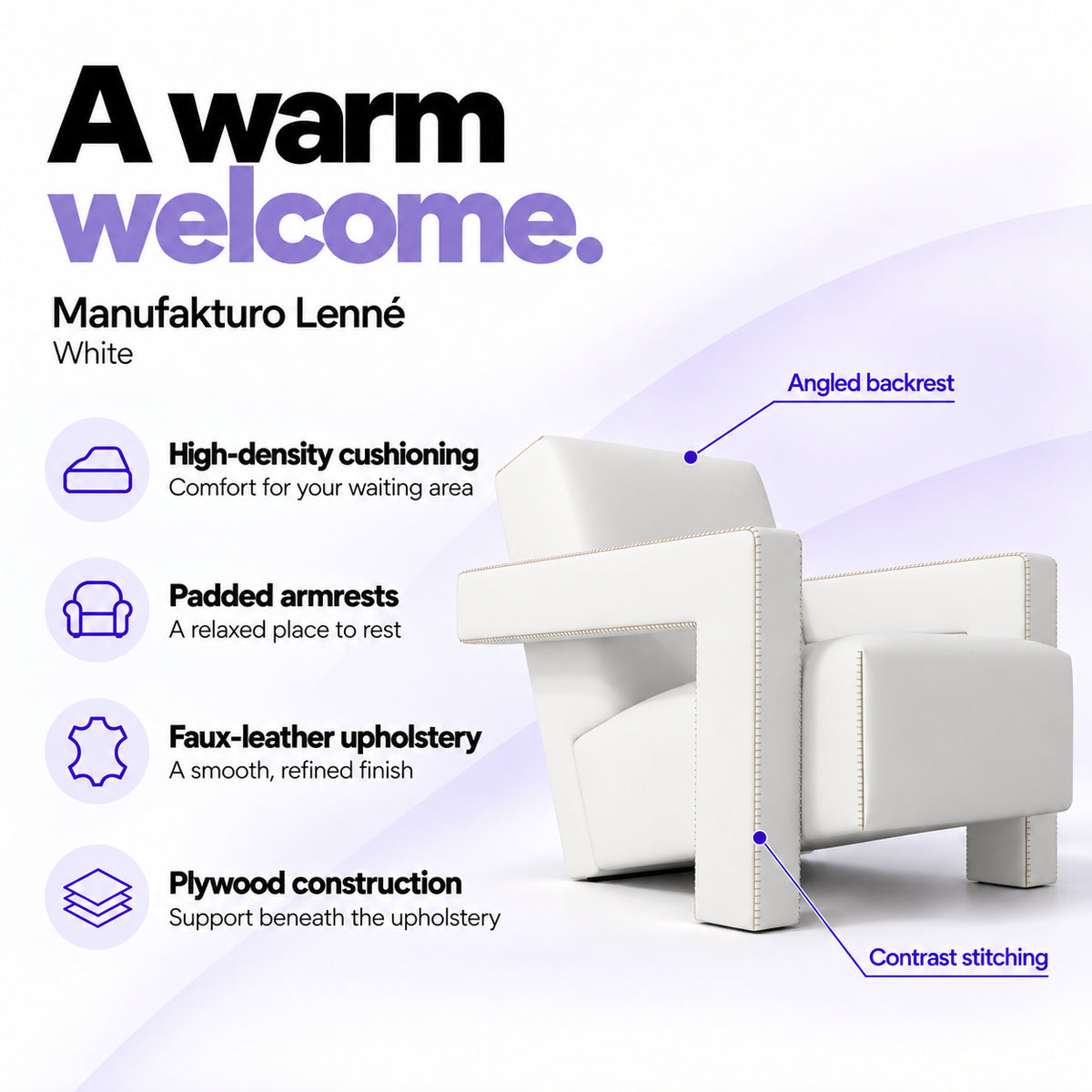 Manufakturo Lenné White reception chair features: high-density cushioning, padded armrests, faux-leather upholstery, plywood construction and contrast stitching.