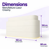 Manufakturo Lueur Creamy reception desk dimensions: 180 cm overall width, 60 cm depth and 100 cm overall height.