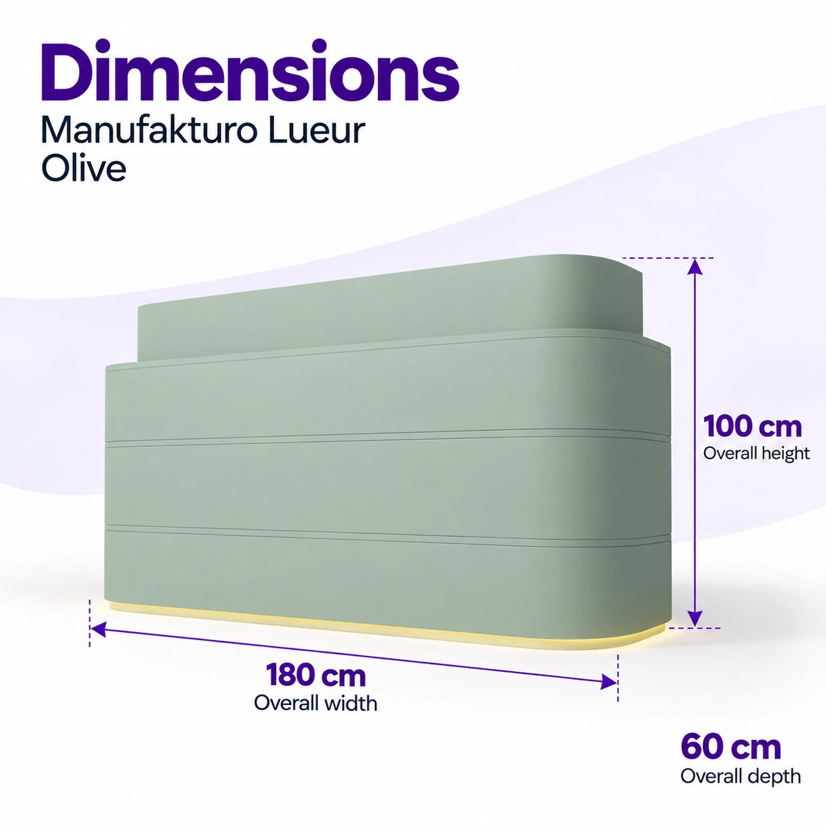 Manufakturo Lueur Olive reception desk dimensions: 180 cm overall width, 60 cm depth and 100 cm overall height.