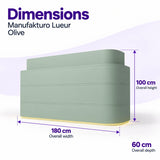 Manufakturo Lueur Olive reception desk dimensions: 180 cm overall width, 60 cm depth and 100 cm overall height.