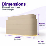 Manufakturo Lueur Warm Beige reception desk dimensions: 180 cm overall width, 60 cm depth and 100 cm overall height.