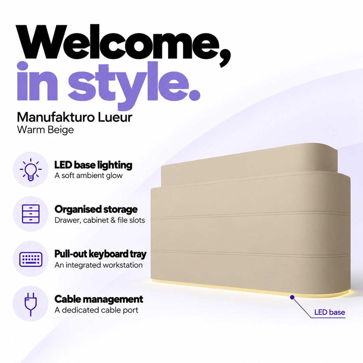 Manufakturo Lueur Warm Beige reception desk with LED base lighting, organised drawer, cabinet and file storage, a pull-out keyboard tray and dedicated cable port.