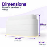Manufakturo Lueur White reception desk dimensions: 180 cm overall width, 60 cm depth and 100 cm overall height.
