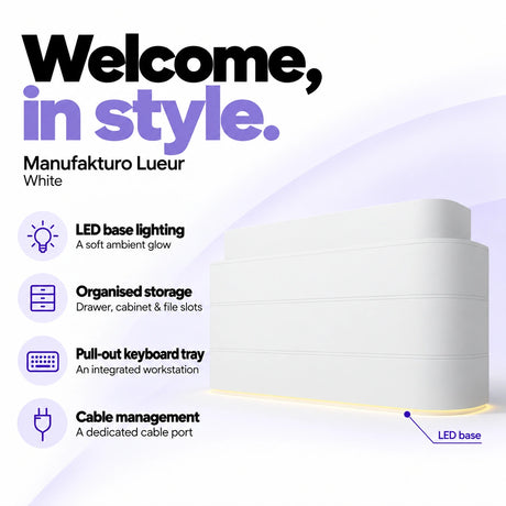 Manufakturo Lueur White reception desk with LED base lighting, organised drawer, cabinet and file storage, a pull-out keyboard tray and dedicated cable port.